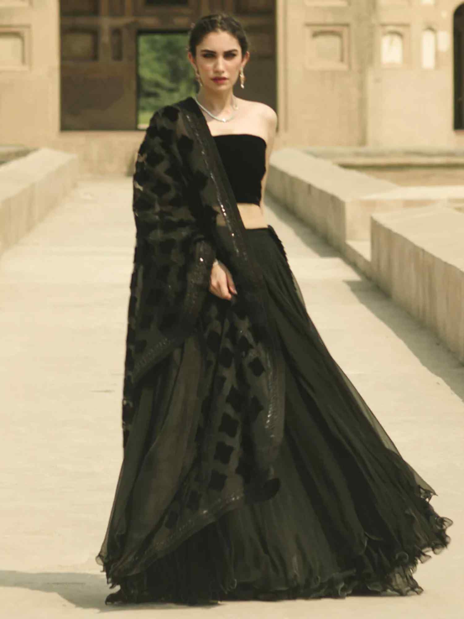 Black Velvet Appliqué Net Lehenga Choli (3-Piece) - Image 1