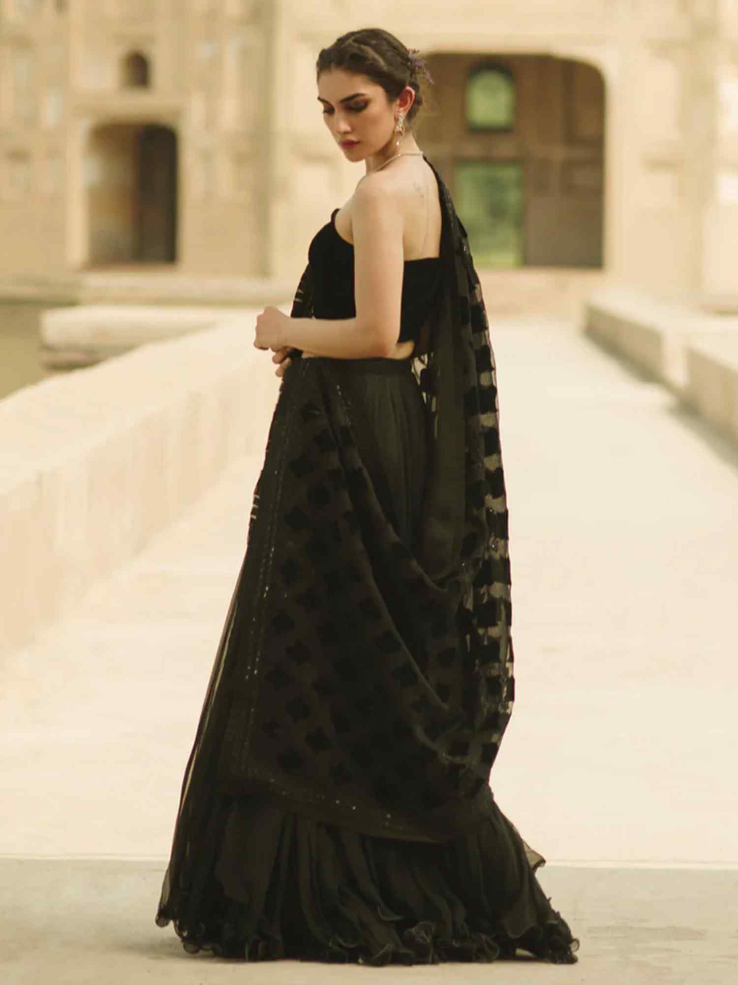 Black Velvet Appliqué Net Lehenga Choli (3-Piece) - Image 2