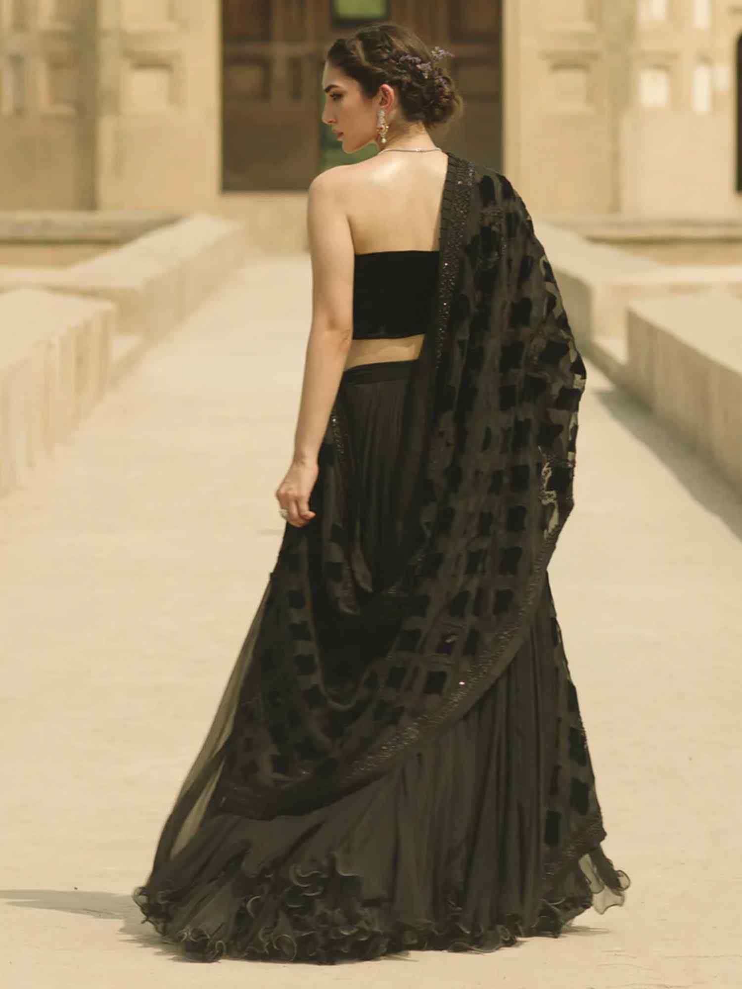 Black Velvet Appliqué Net Lehenga Choli (3-Piece) - Image 3