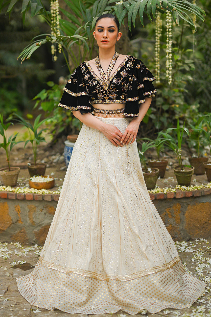 Pakistani Black Velvet Embroidered Khaddi Silk Lehenga (2-Piece) - Image 1