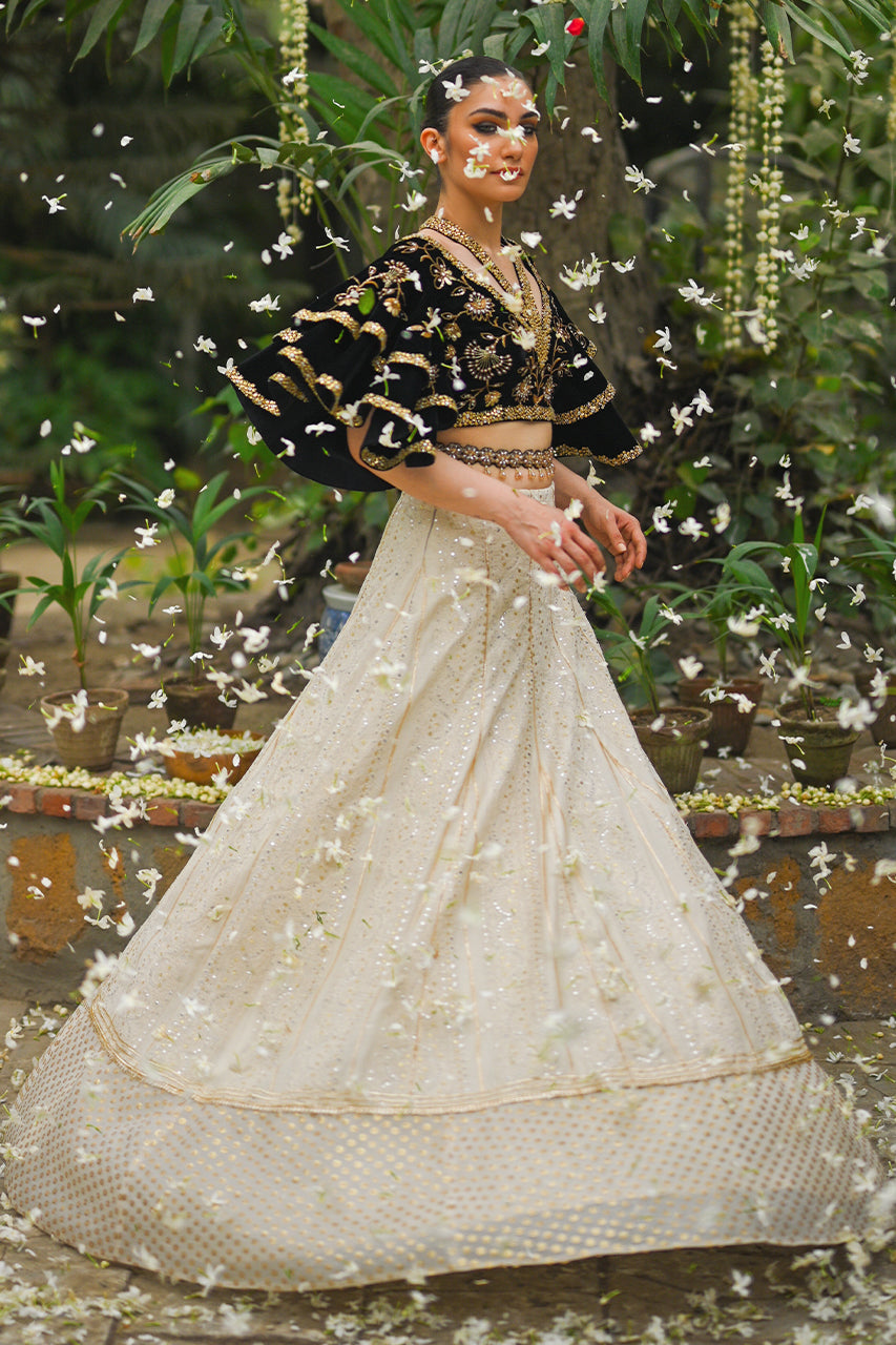 Pakistani Black Velvet Embroidered Khaddi Silk Lehenga (2-Piece) - Image 2