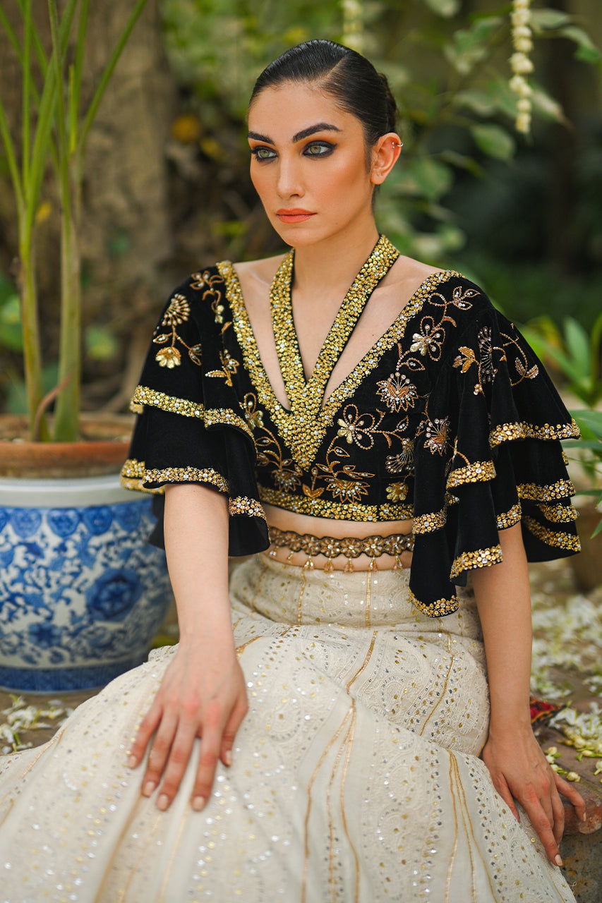 Pakistani Black Velvet Embroidered Khaddi Silk Lehenga (2-Piece) - Image 4