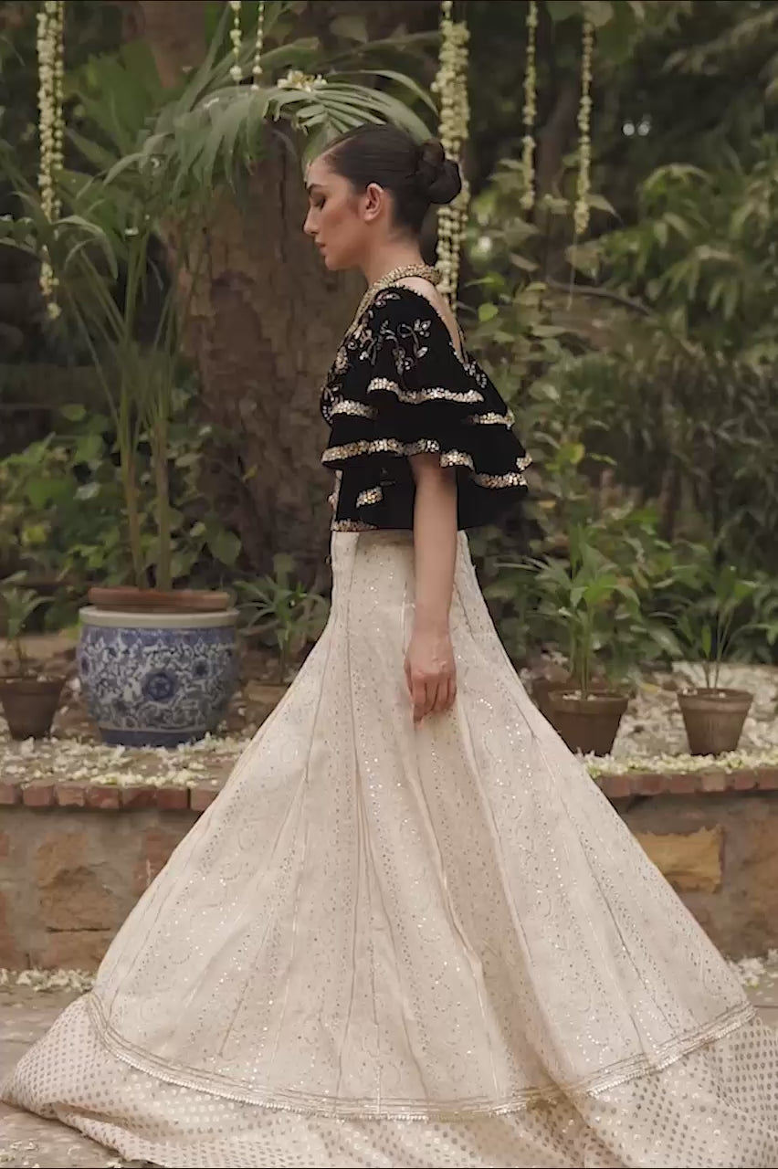 Pakistani Black Velvet Embroidered Khaddi Silk Lehenga (2-Piece) - Image 5