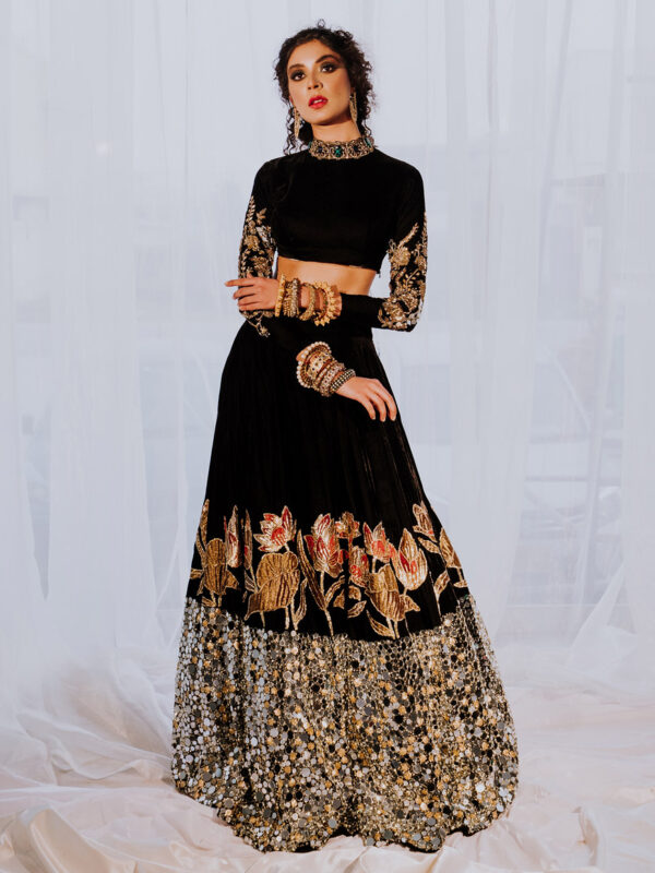 Pakistani Black Embroidered Velvet Lehenga Dress (2-Piece) - Image 1