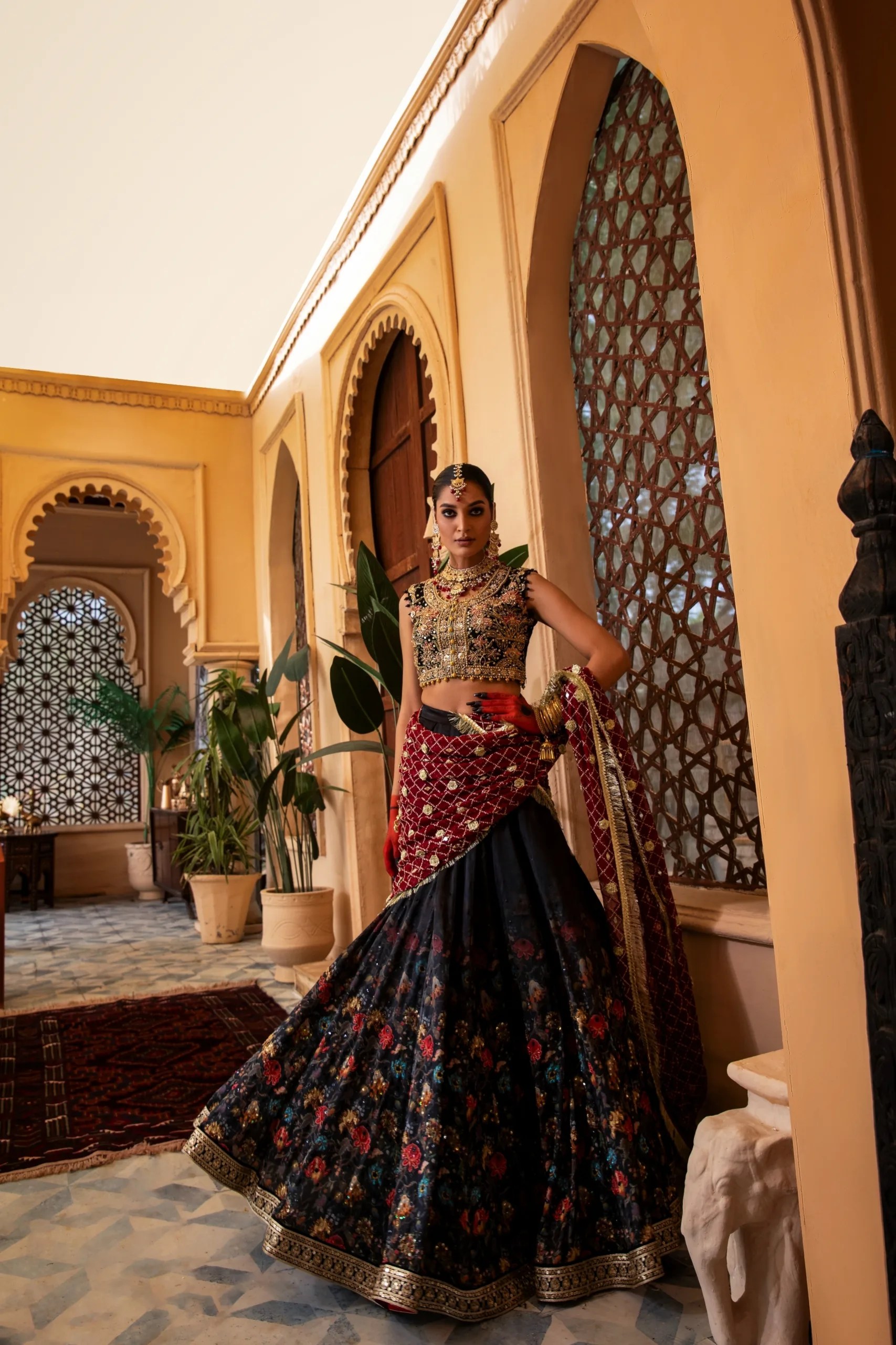 Black Floral Embroidered Velvet Lehenga (3-Piece) - Image 1