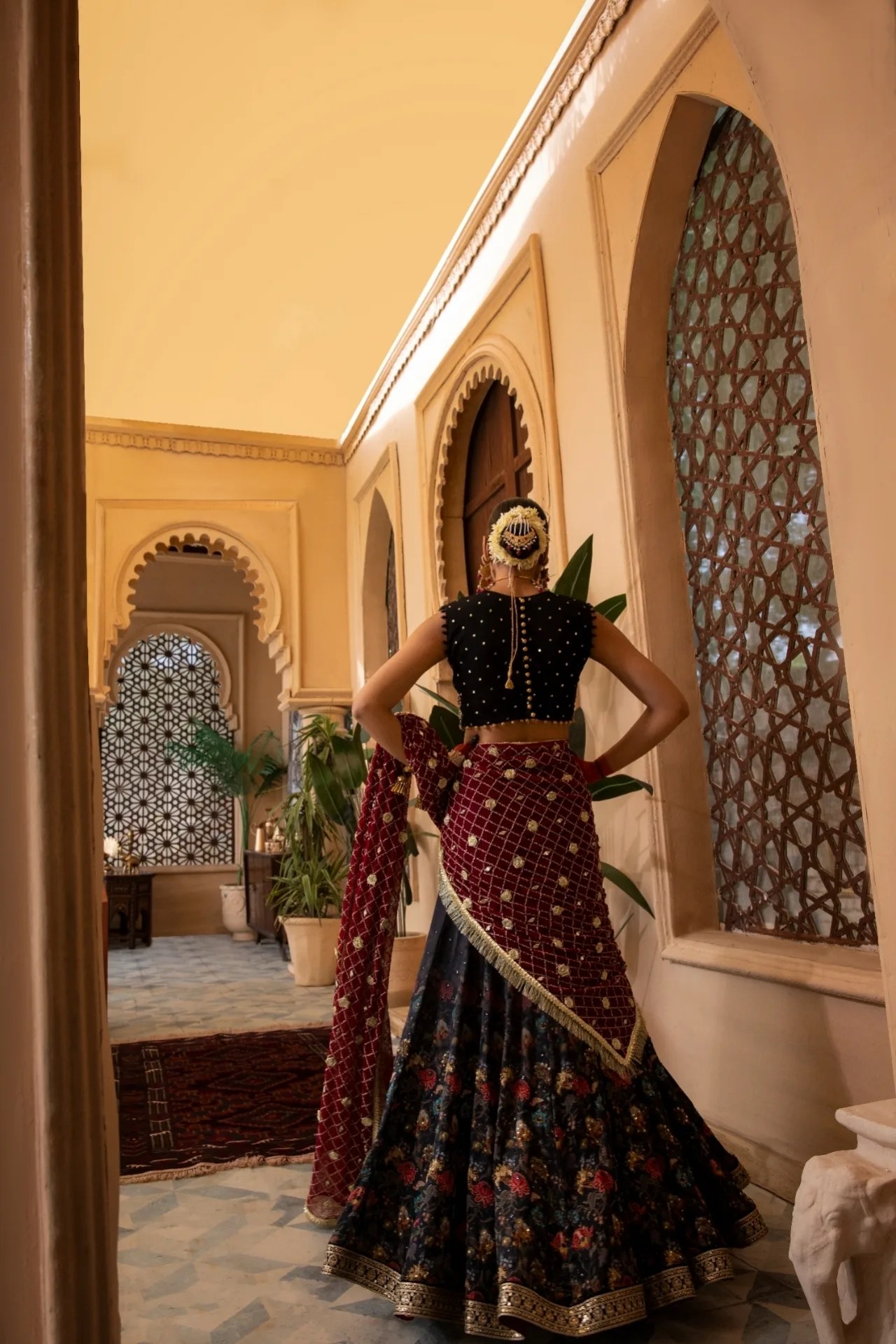 Black Floral Embroidered Velvet Lehenga (3-Piece) - Image 2