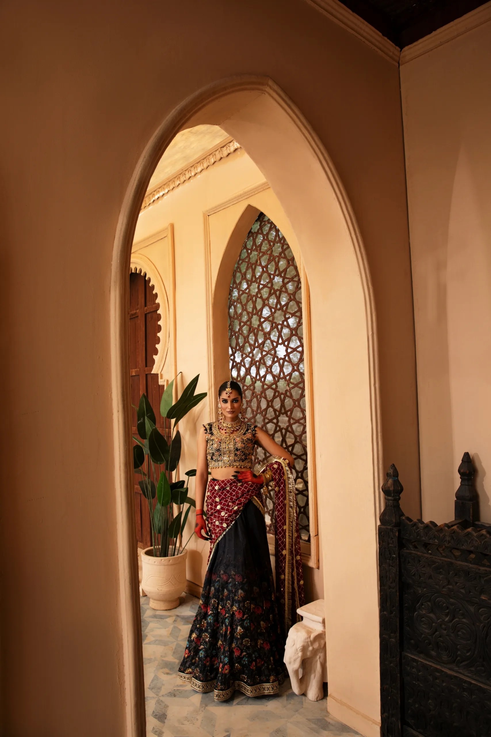 Black Floral Embroidered Velvet Lehenga (3-Piece) - Image 3