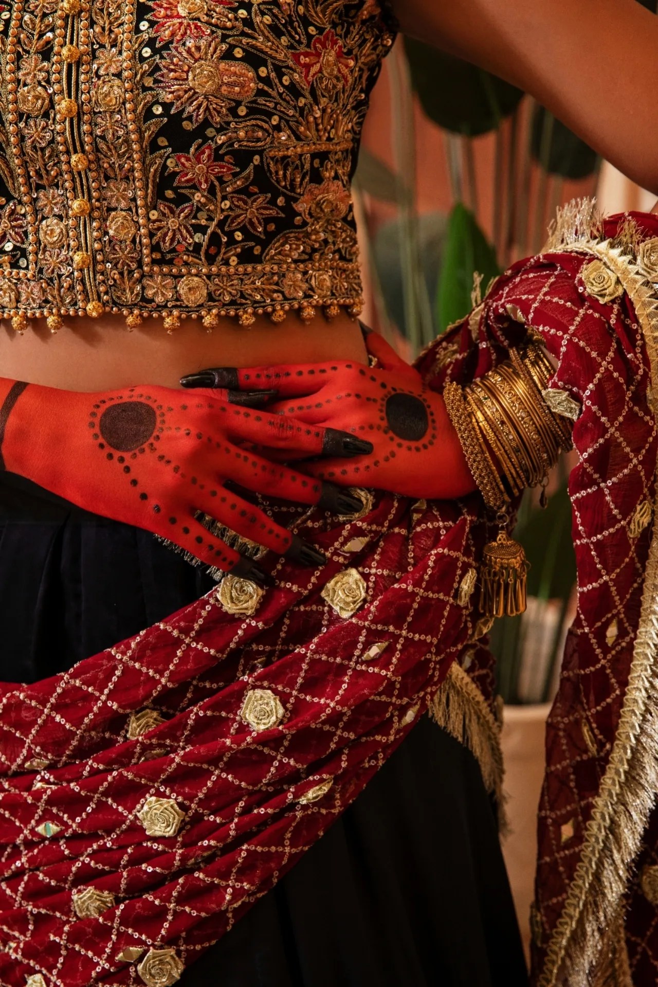 Black Floral Embroidered Velvet Lehenga (3-Piece) - Image 4