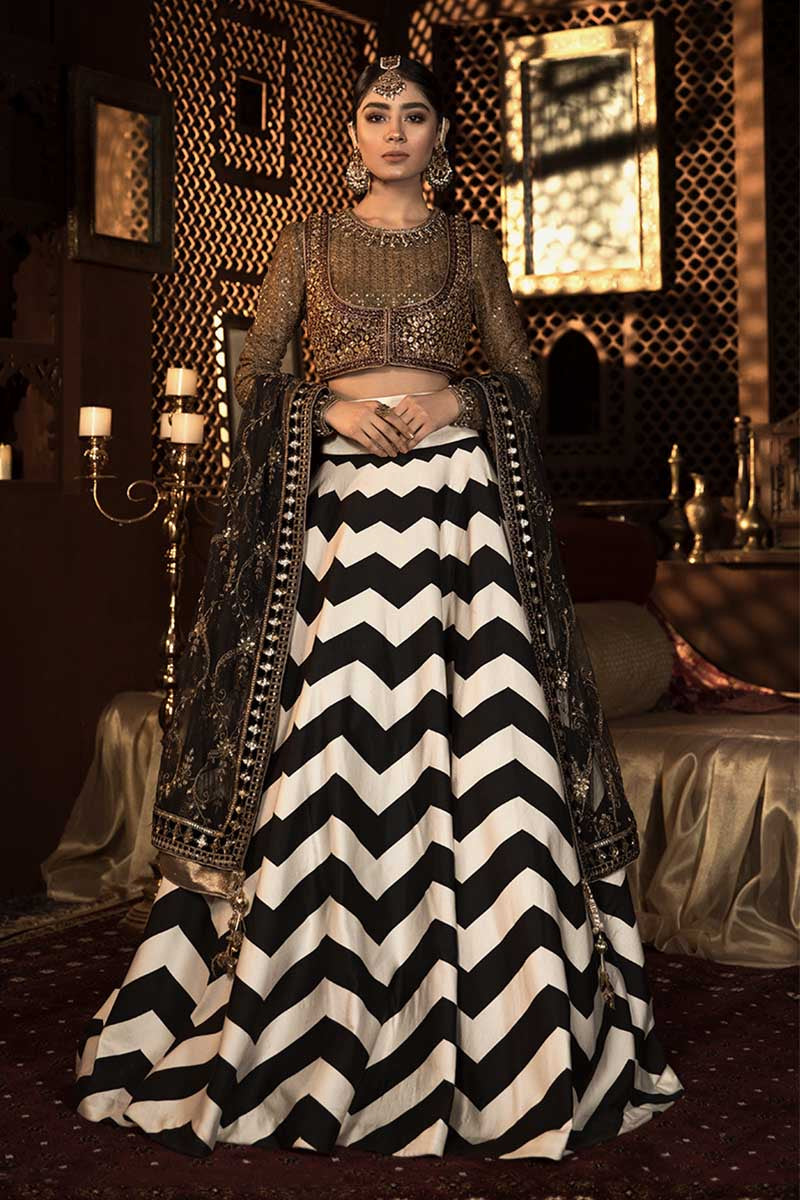 Pakistani Black Maroon Copper Embellished Velvet Lehenga (4-Piece) - Image 1