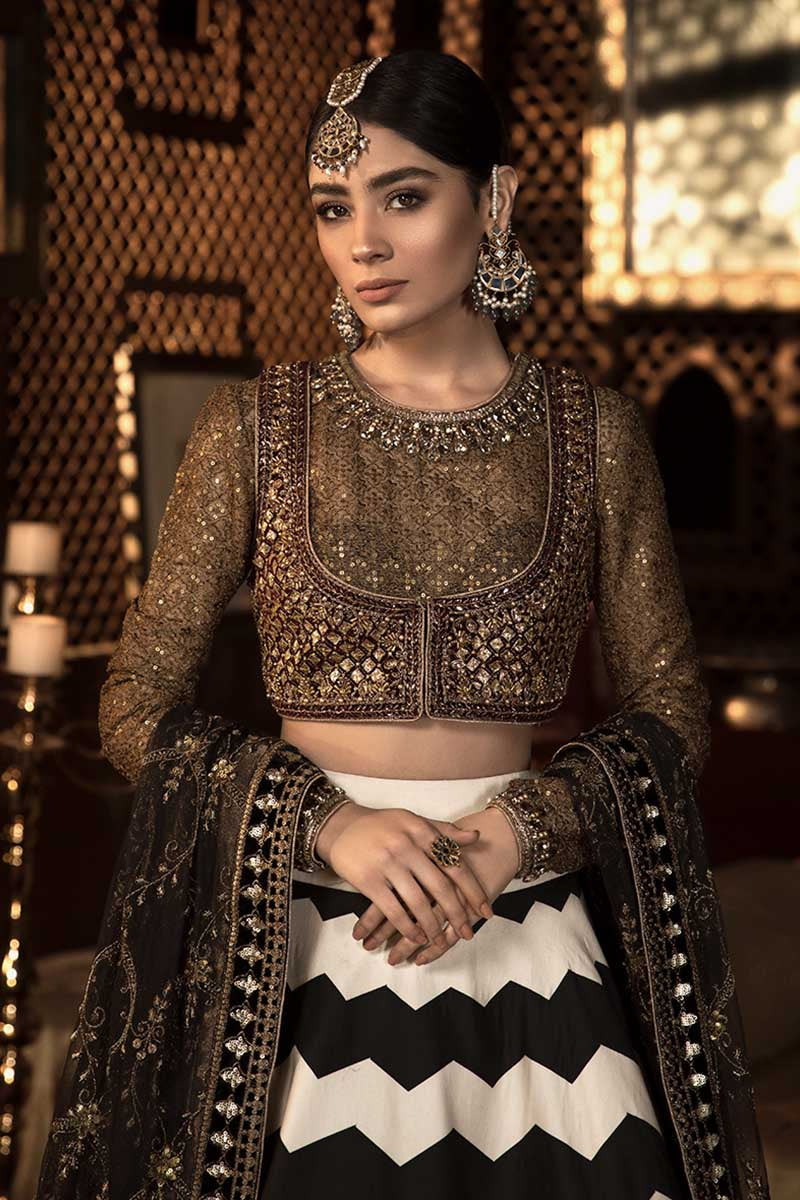 Pakistani Black Maroon Copper Embellished Velvet Lehenga (4-Piece) - Image 2