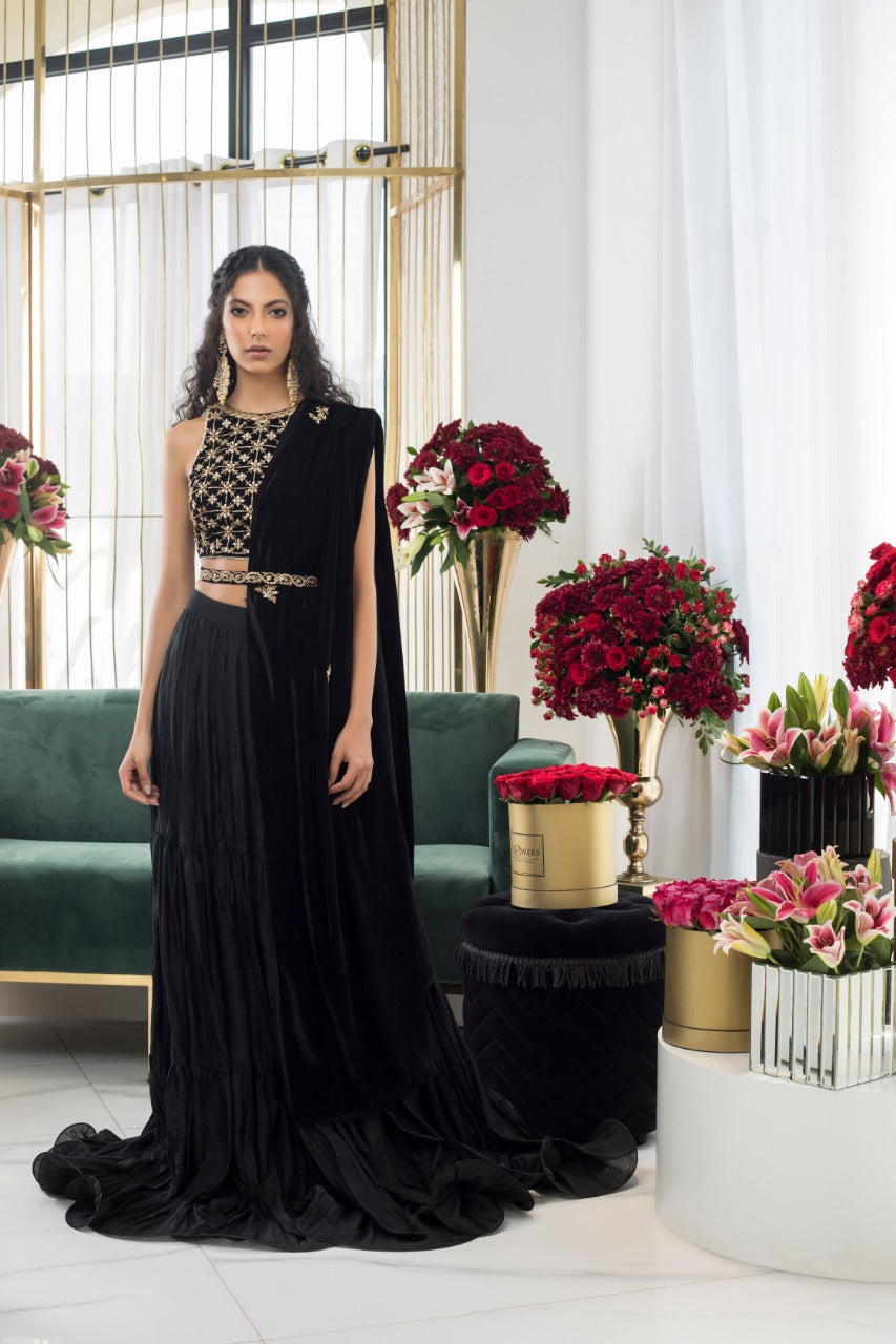 Pakistani Black Gota Zardozi Velvet Choli with Khaddi Silk Lehnga (3-Piece) - Image 1