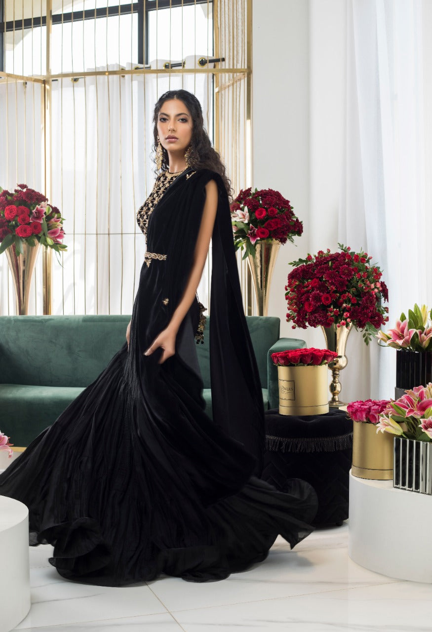 Pakistani Black Gota Zardozi Velvet Choli with Khaddi Silk Lehnga (3-Piece) - Image 2