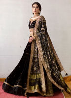 Pakistani Black Gold Embroidered Velvet Lehnga Choli (3-Piece) - Image 3