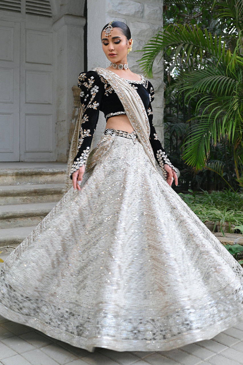 Black Embroidered Velvet Lehenga Set (3-Piece) - Image 2