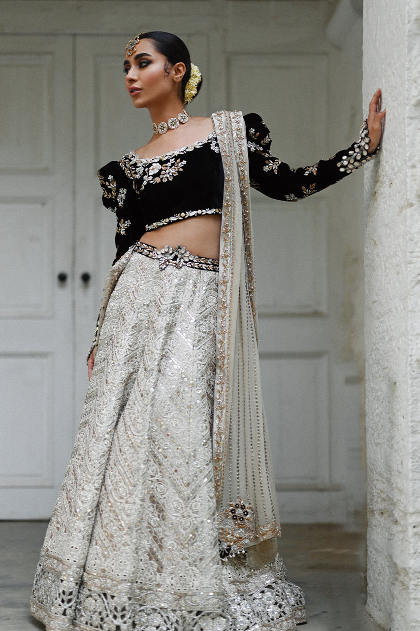 Black Embroidered Velvet Lehenga Set (3-Piece) - Image 3