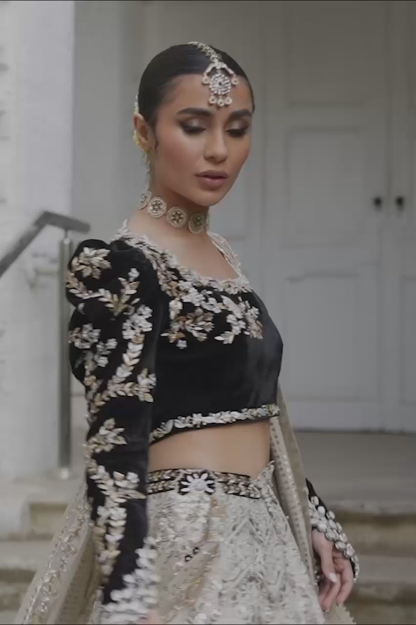 Black Embroidered Velvet Lehenga Set (3-Piece) - Image 9