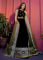 Black Embroidered Velvet Lehnga Choli (3-Piece) - Image 2