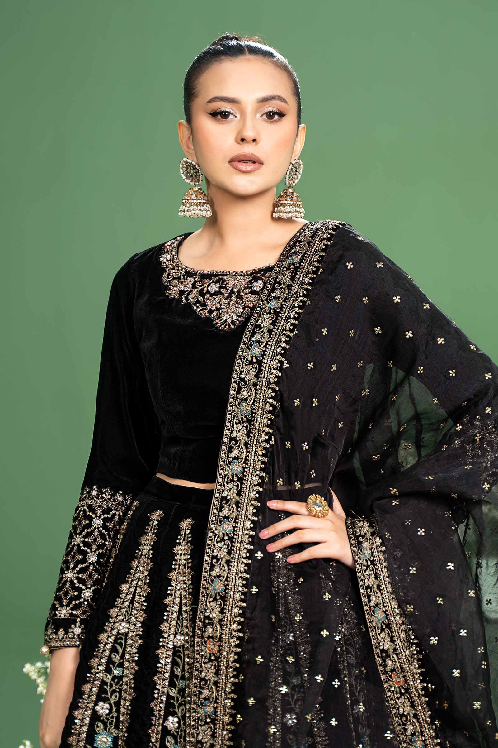 Pakistani Black Velvet Embroidered Lehenga Set (3-Piece) - Image 3