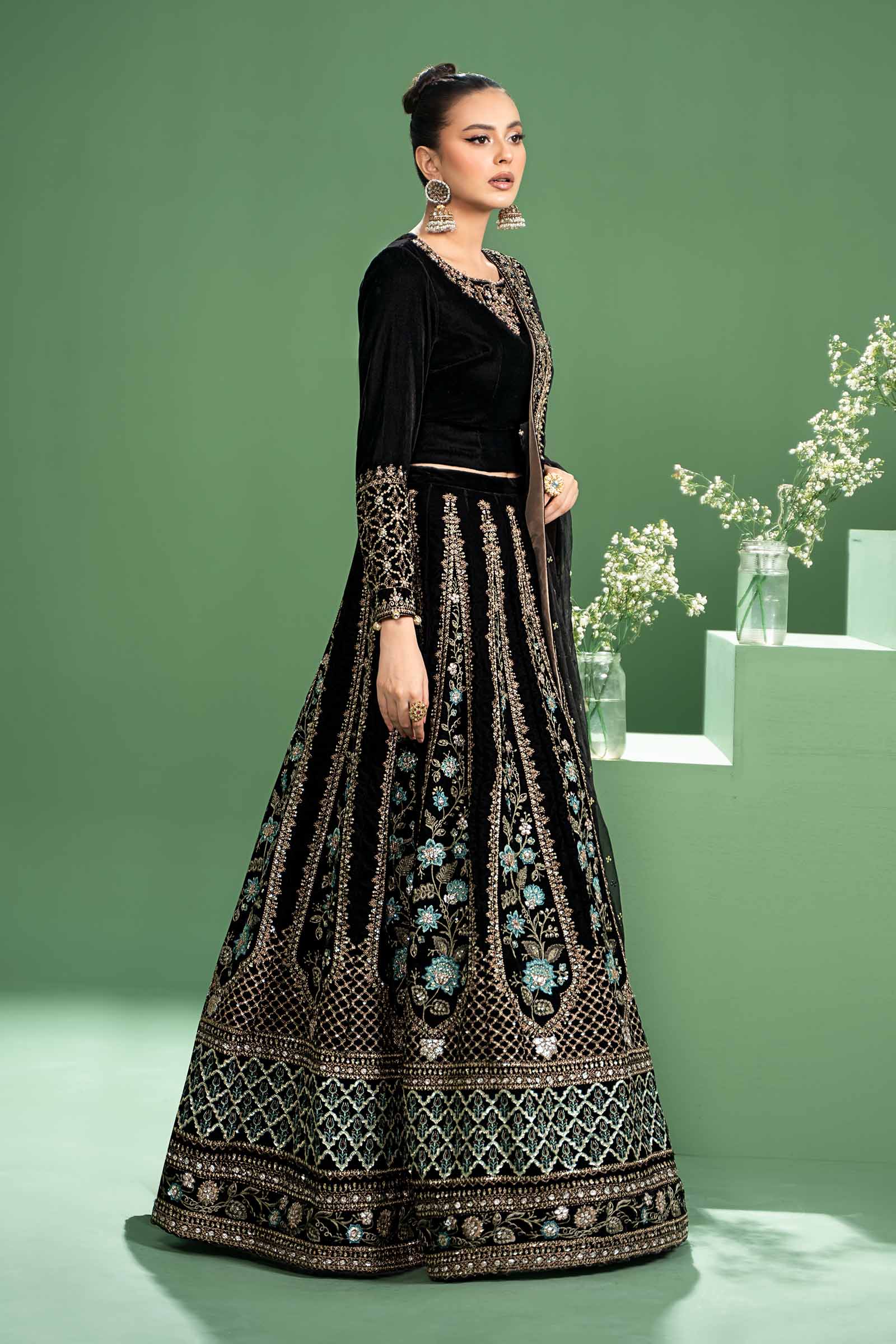 Pakistani Black Velvet Embroidered Lehenga Set (3-Piece) - Image 5