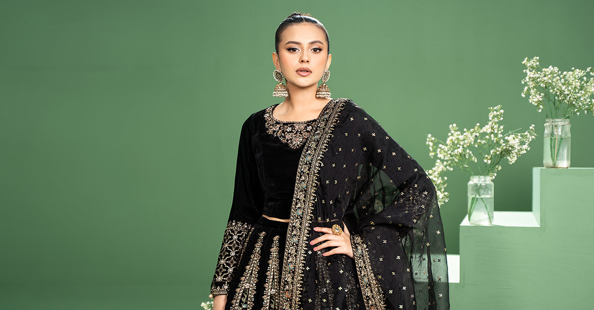 Pakistani Black Velvet Embroidered Lehenga Set (3-Piece) - Image 7