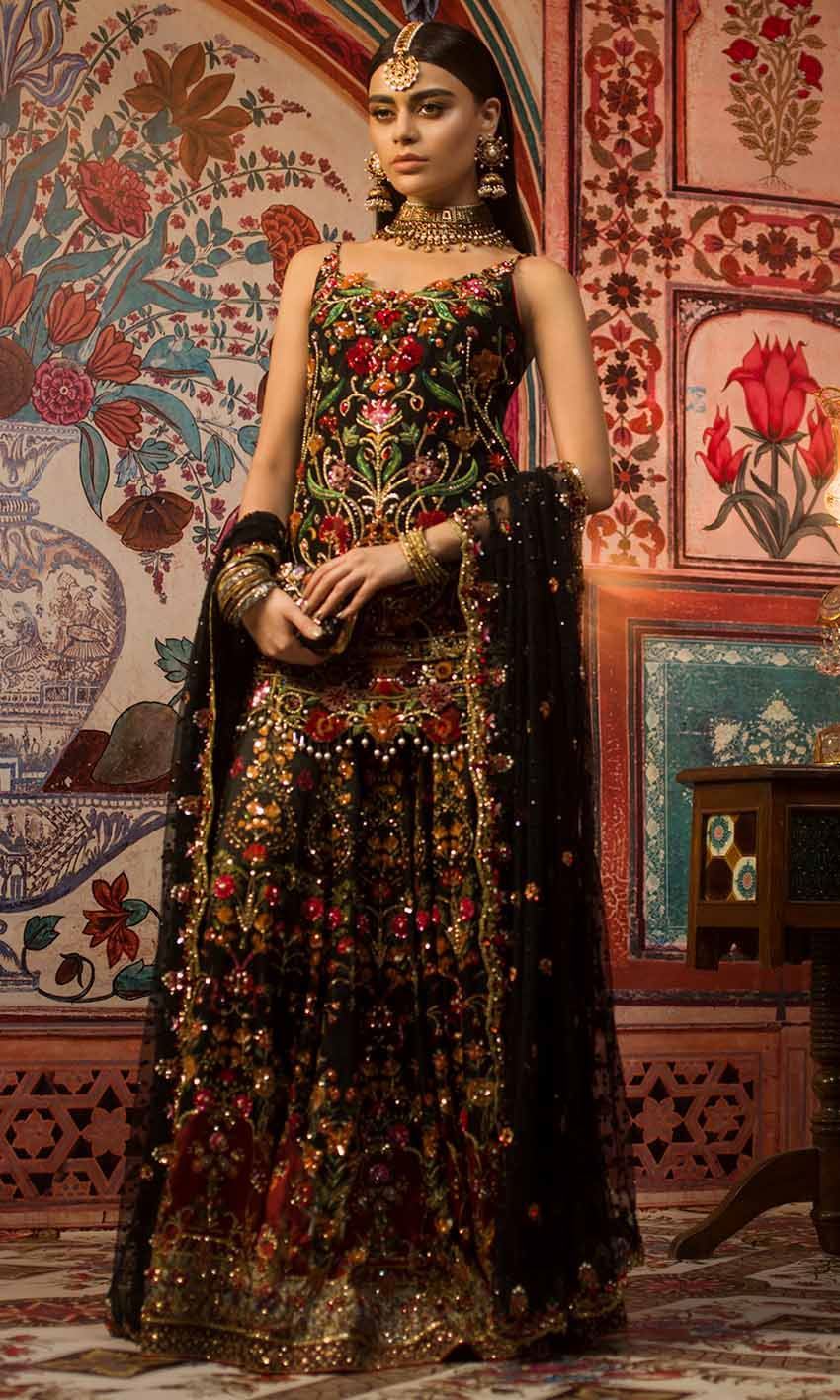 Pakistani Black Embellished Velvet Bridal Lehenga (3-Piece) - Image 1