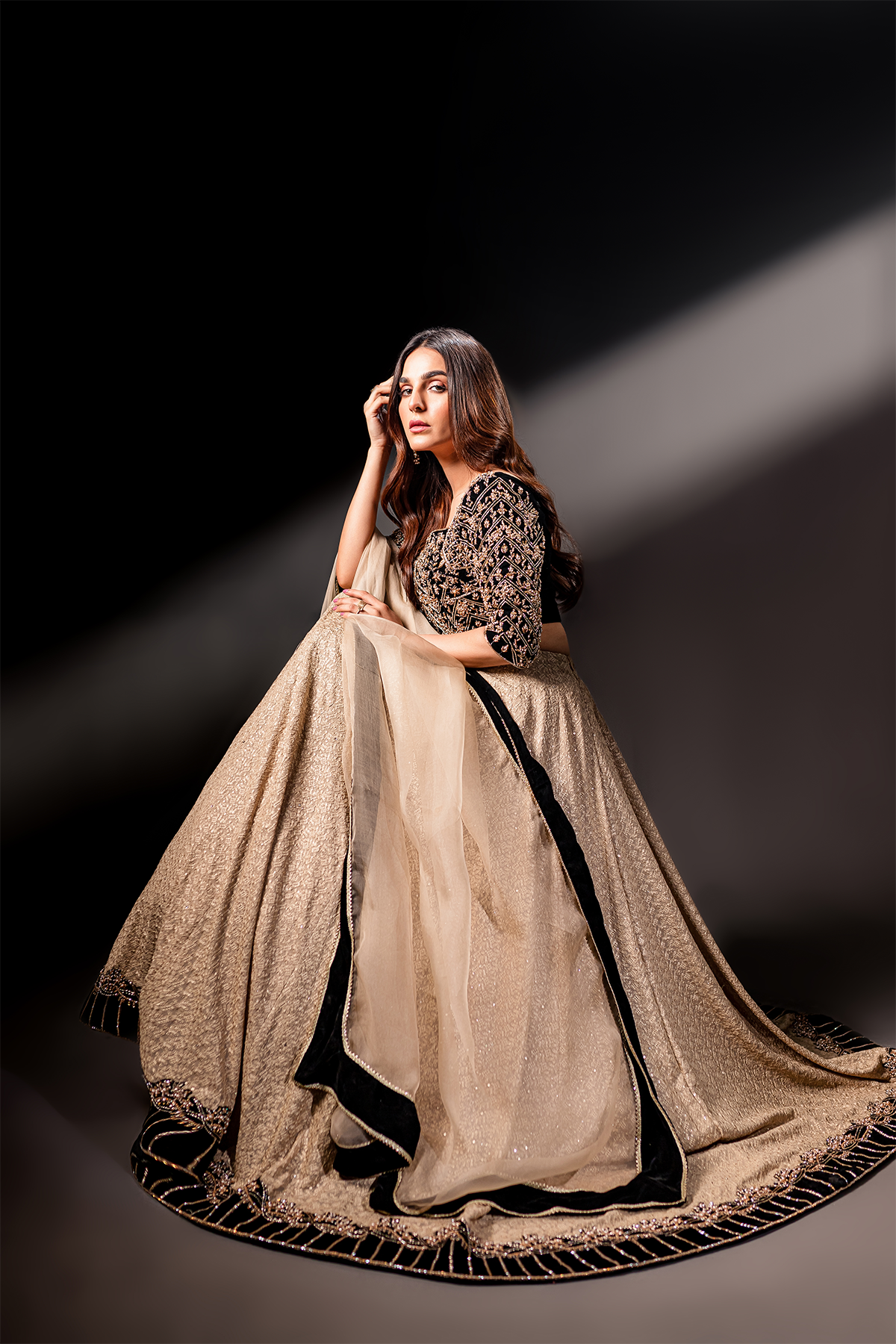 Black Zardozi Velvet Choli with Gold Lehenga (3-Piece) - Image 10