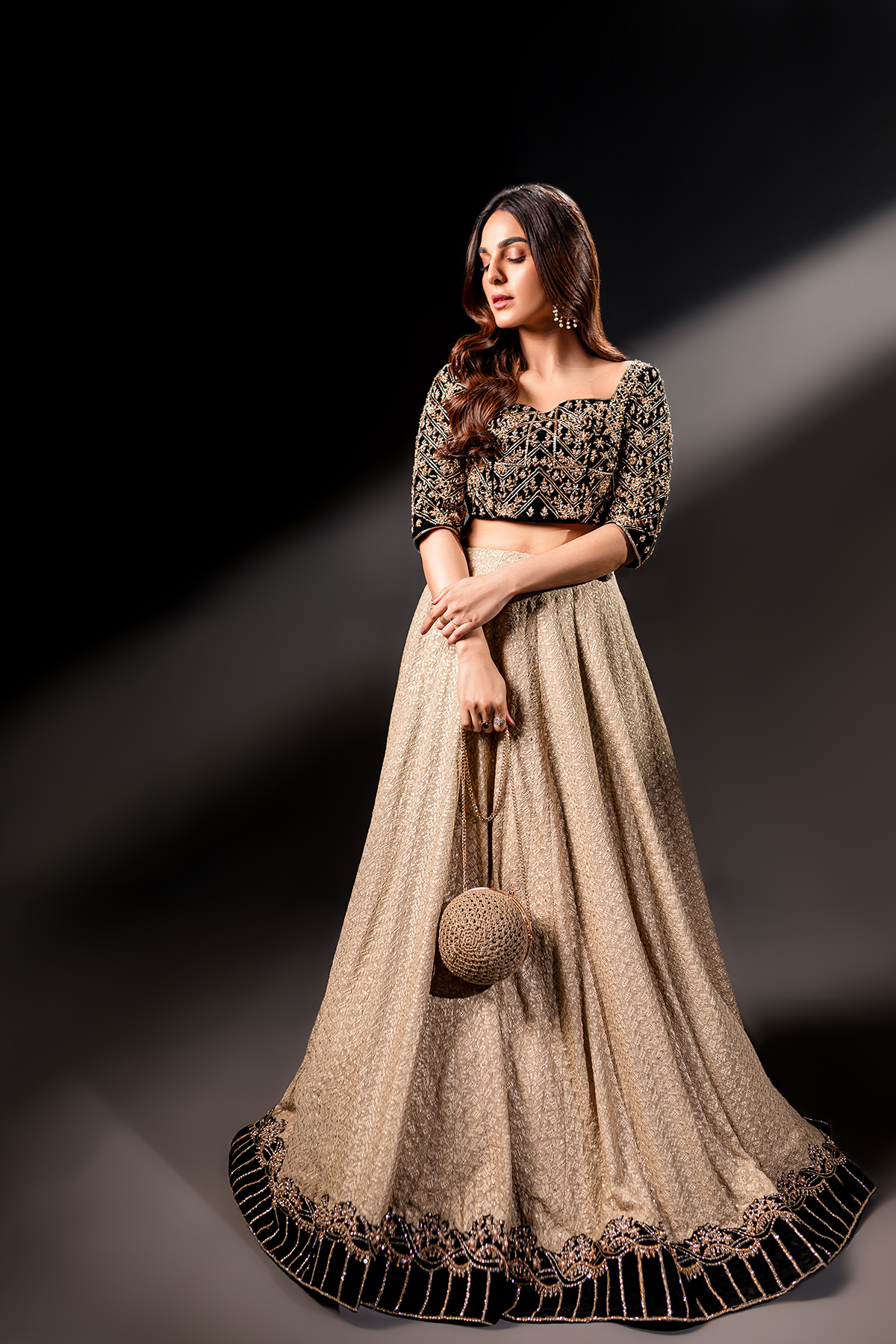 Black Zardozi Velvet Choli with Gold Lehenga (3-Piece) - Image 2