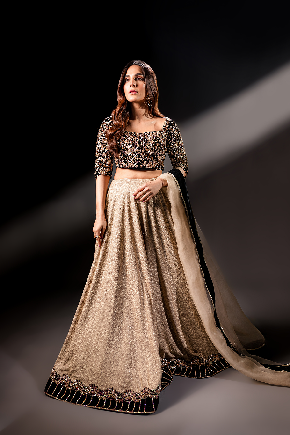 Black Zardozi Velvet Choli with Gold Lehenga (3-Piece) - Image 4