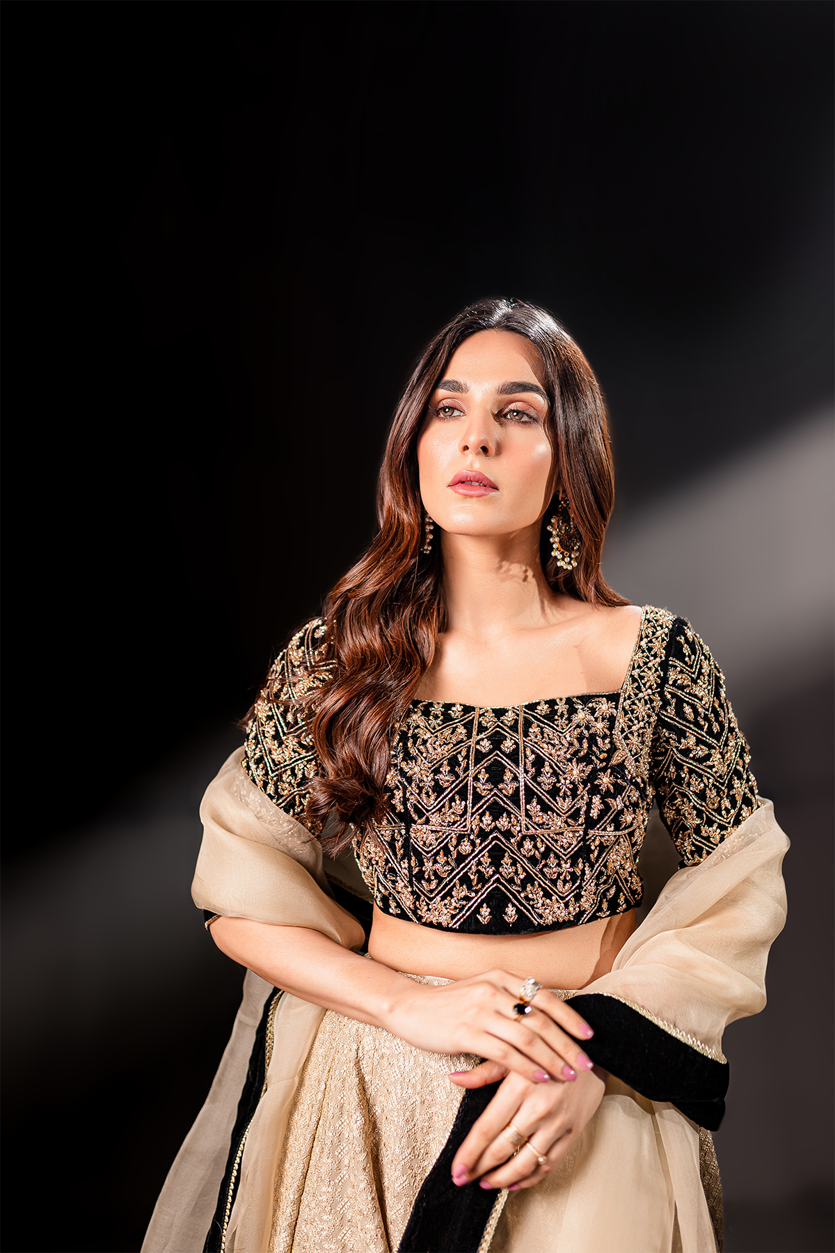 Black Zardozi Velvet Choli with Gold Lehenga (3-Piece) - Image 6