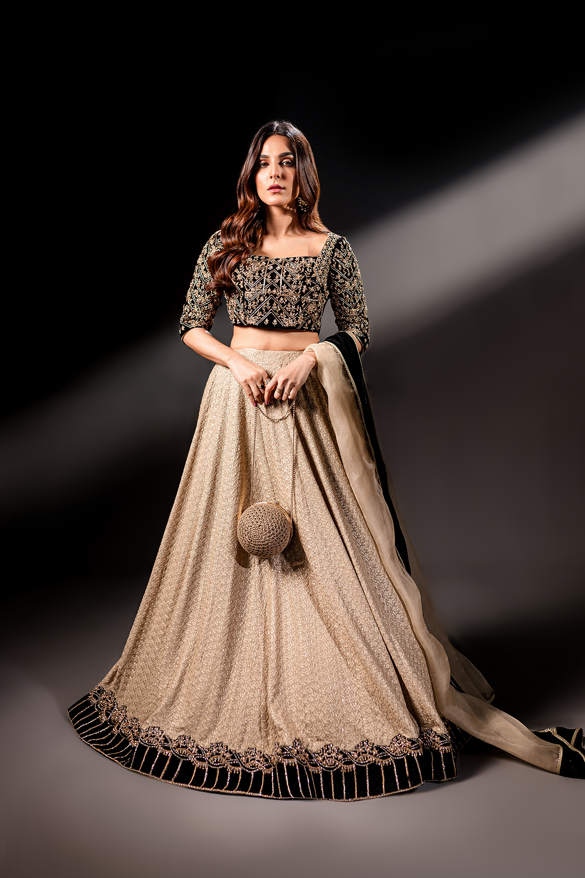 Black Zardozi Velvet Choli & Gold Georgette Lehenga (3-Piece) - Image 1