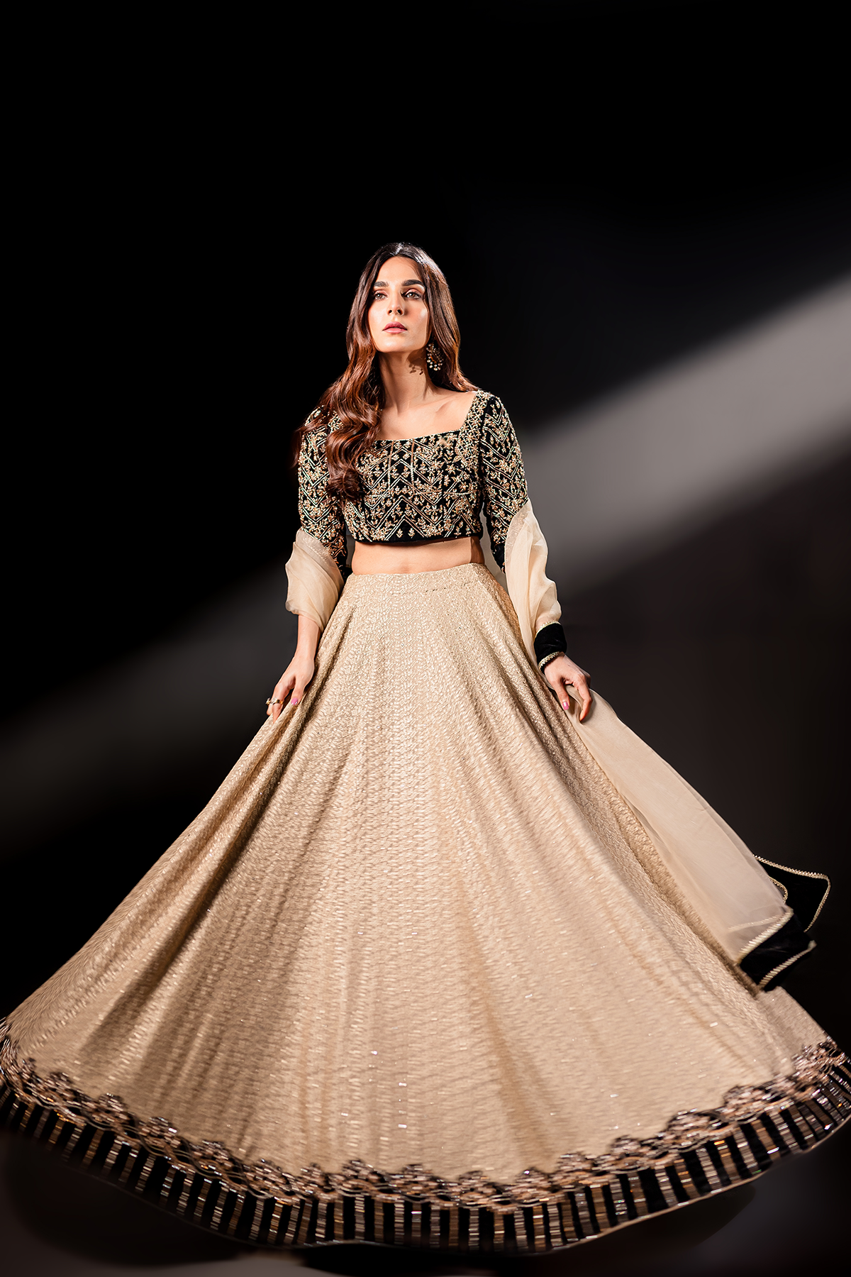 Black Zardozi Velvet Choli & Gold Georgette Lehenga (3-Piece) - Image 5