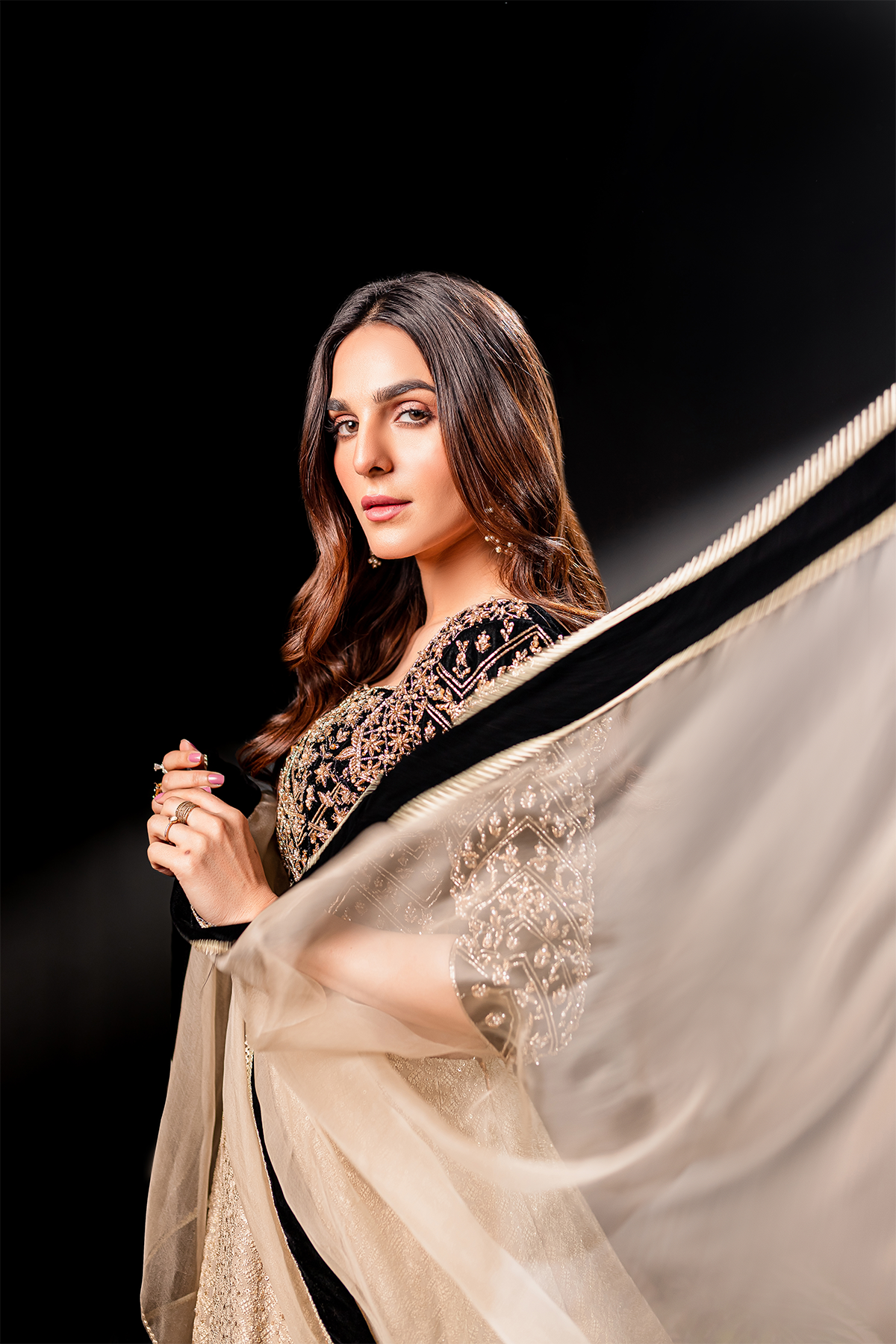 Black Zardozi Velvet Choli & Gold Georgette Lehenga (3-Piece) - Image 8