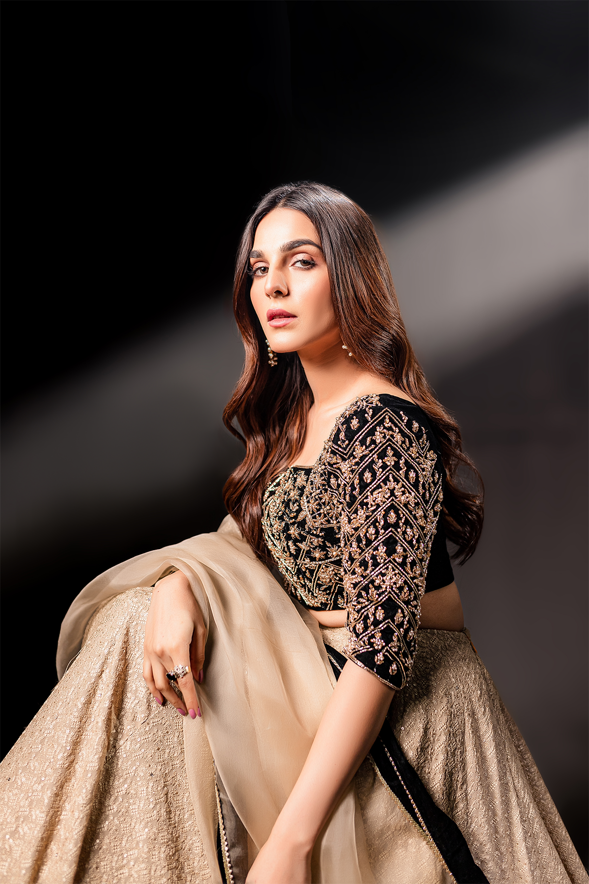 Black Zardozi Velvet Choli & Gold Georgette Lehenga (3-Piece) - Image 9