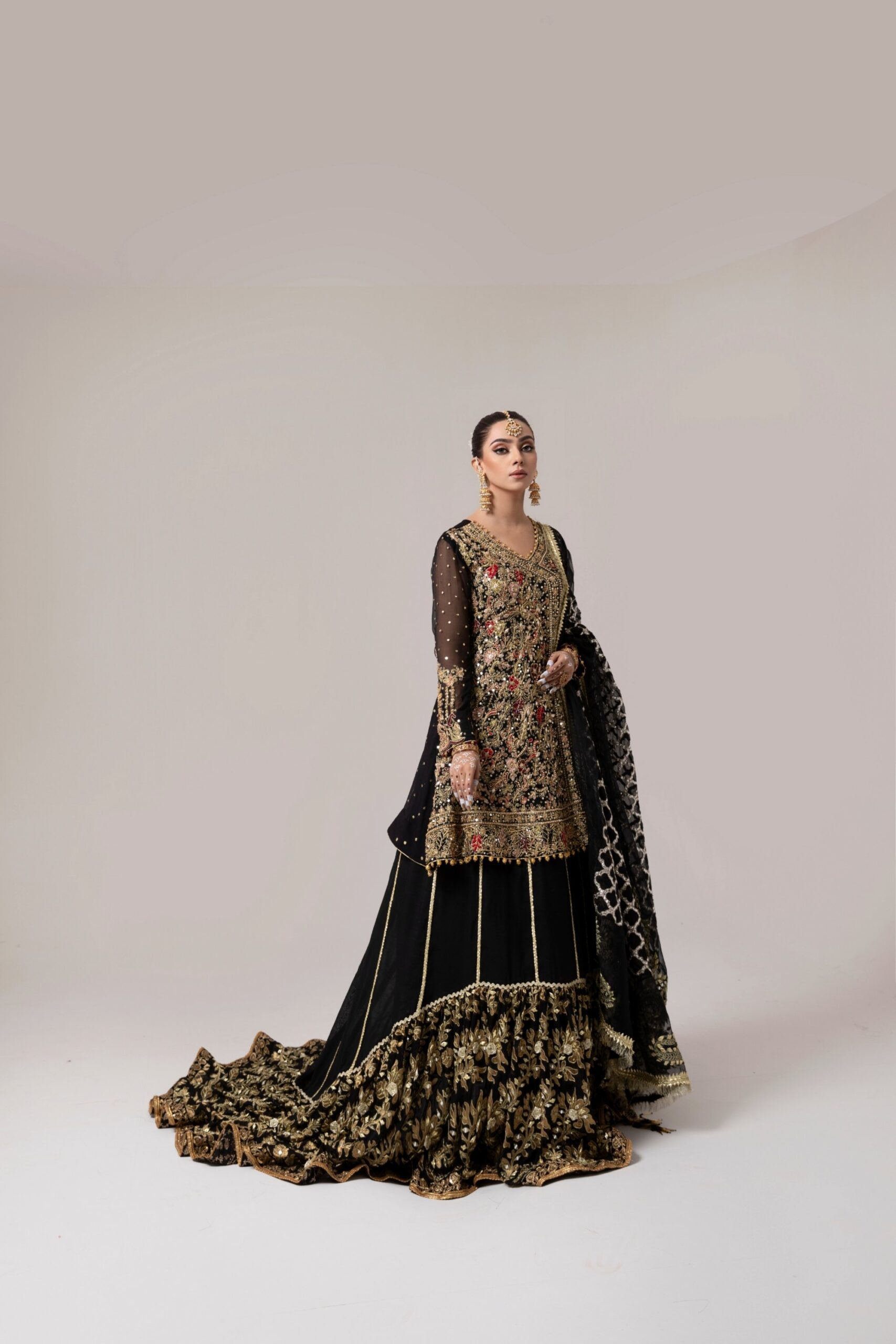 Black Zardozi Velvet Lehenga Dress (3-Piece) - Image 3