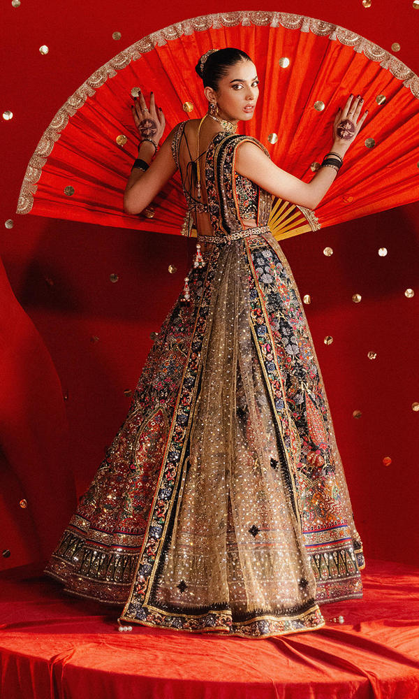 Pakistani Black Embellished Zarri Net Lehenga (3-Piece) - Image 4