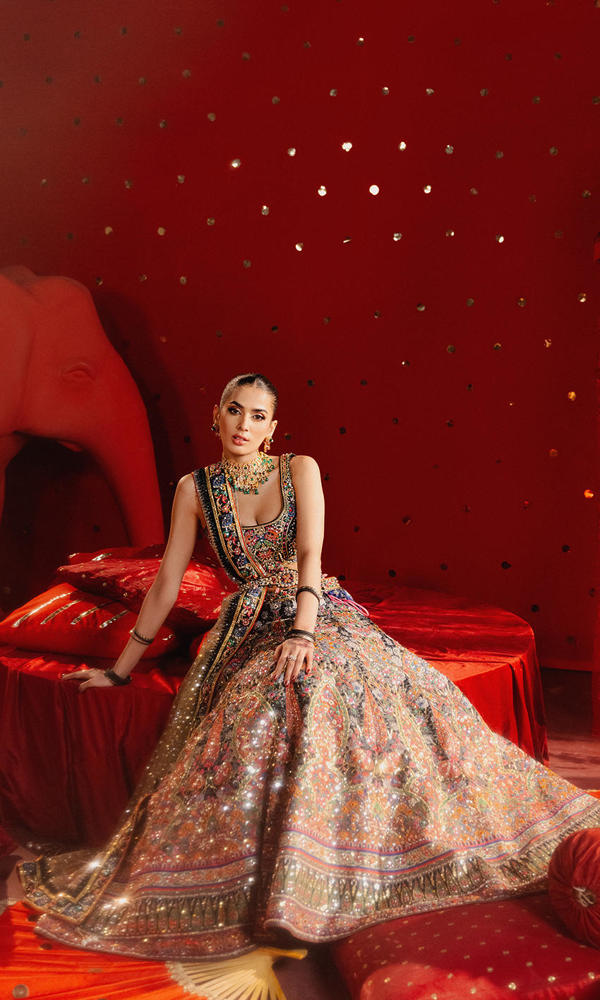 Pakistani Black Embellished Zarri Net Lehenga (3-Piece) - Image 5