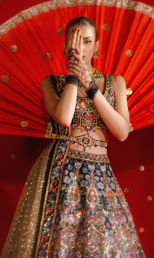 Pakistani Black Embellished Zarri Net Lehenga (3-Piece) - Image 8