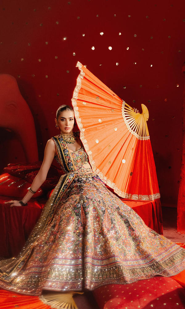 Pakistani Black Embellished Zarri Net Lehenga (3-Piece) - Image 9