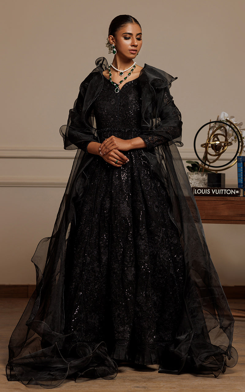 Pakistani Black Embroidered Chiffon Maxi Dress (2-Piece) - Image 1