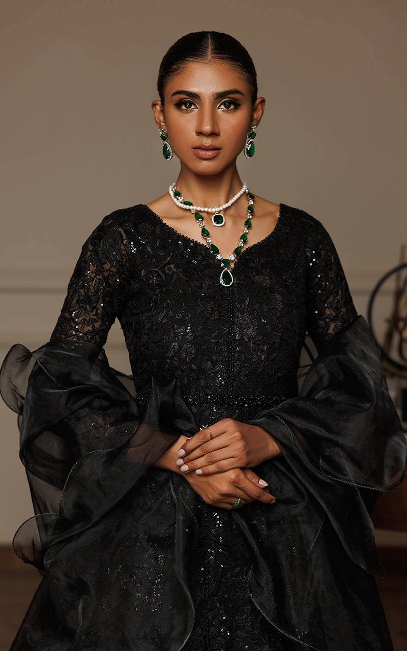 Pakistani Black Embroidered Chiffon Maxi Dress (2-Piece) - Image 2