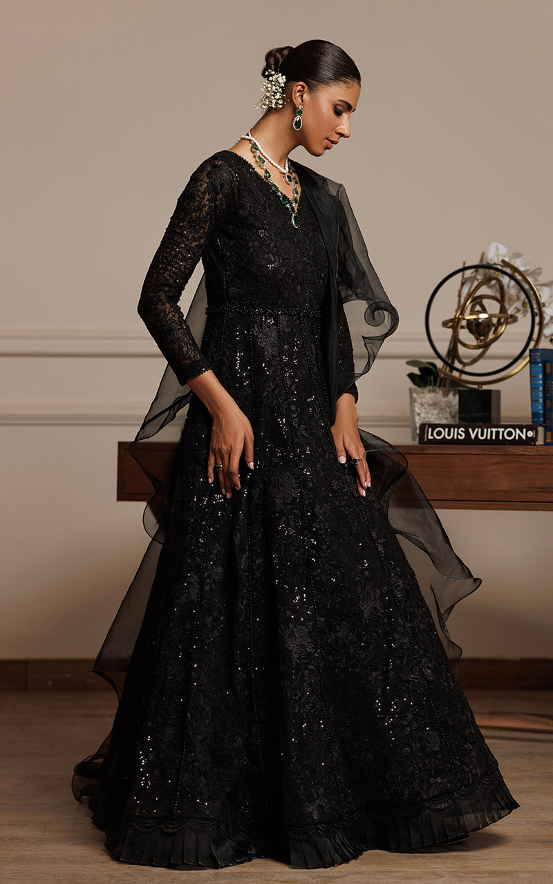 Pakistani Black Embroidered Chiffon Maxi Dress (2-Piece) - Image 4