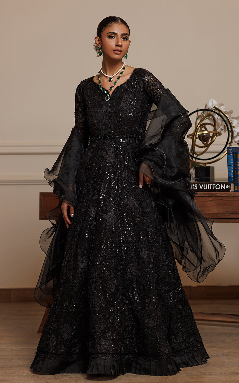 Pakistani Black Embroidered Chiffon Maxi Dress (2-Piece) - Image 6