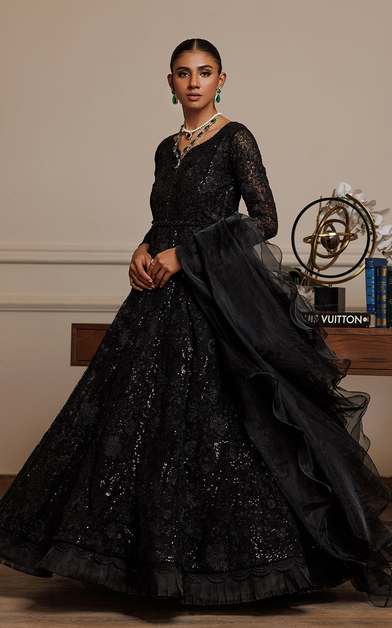 Pakistani Black Embroidered Chiffon Maxi Dress (2-Piece) - Image 7