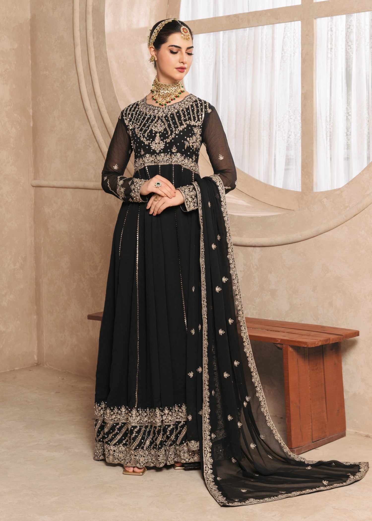Pakistani Black Embroidered Chiffon Maxi Dress (2-Piece) - Image 1