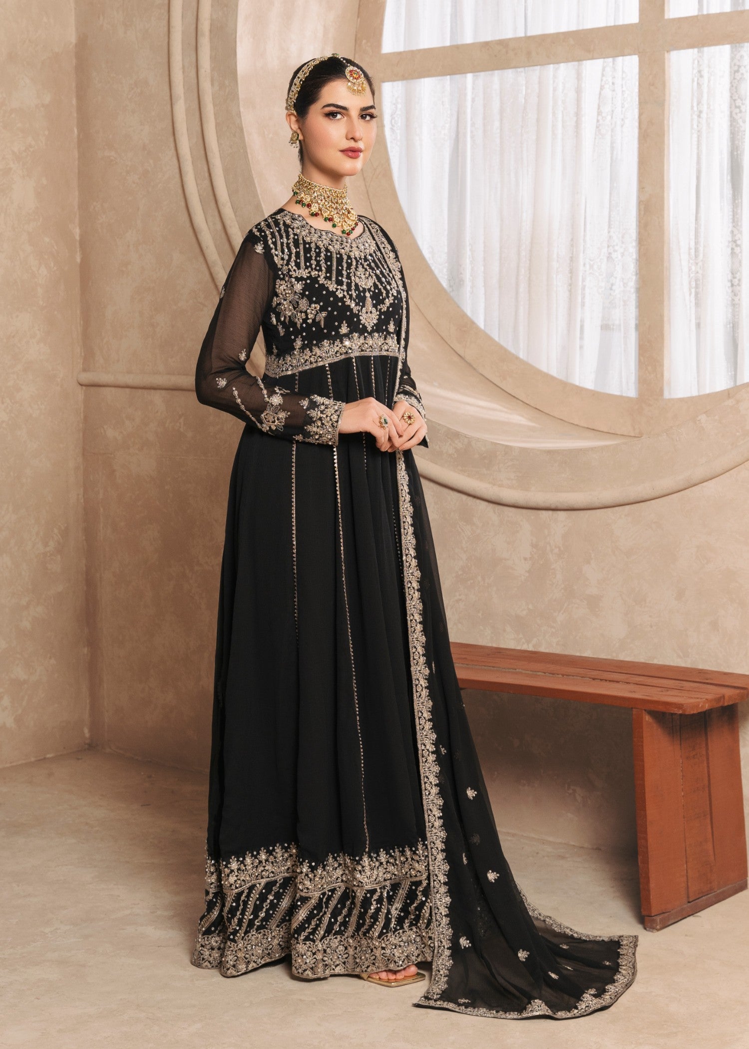 Pakistani Black Embroidered Chiffon Maxi Dress (2-Piece) - Image 2