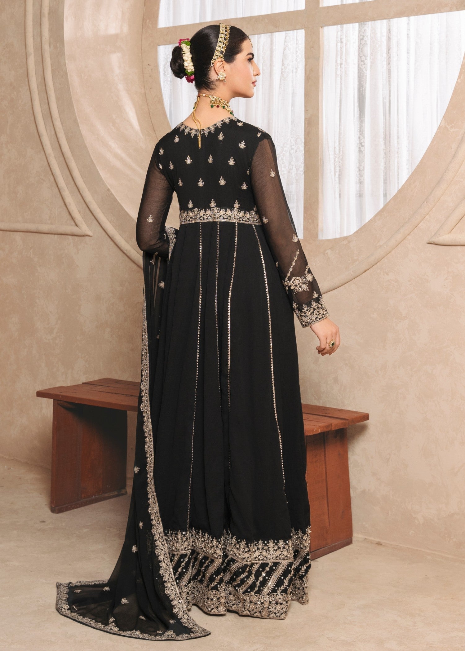 Pakistani Black Embroidered Chiffon Maxi Dress (2-Piece) - Image 3