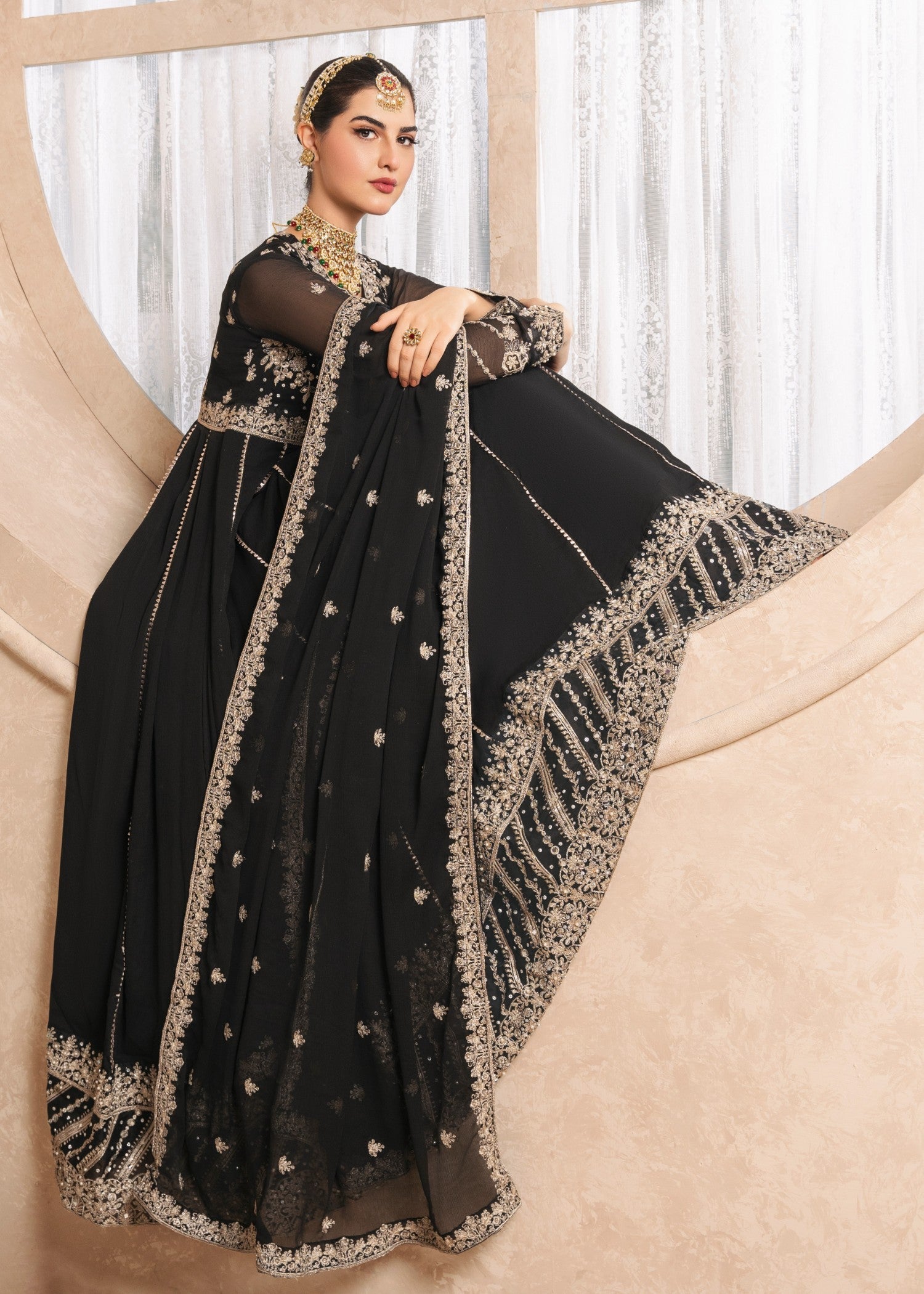 Pakistani Black Embroidered Chiffon Maxi Dress (2-Piece) - Image 4
