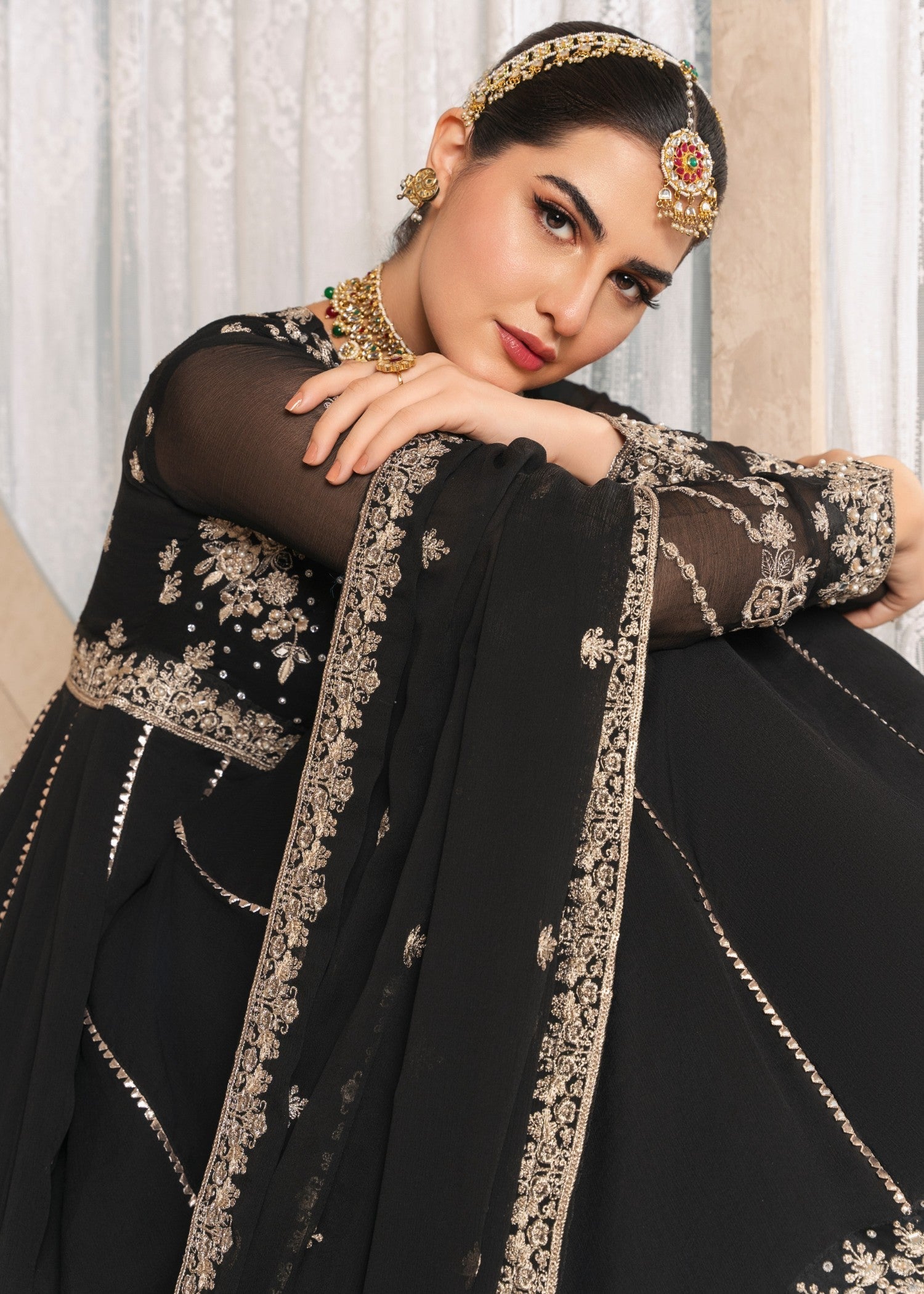Pakistani Black Embroidered Chiffon Maxi Dress (2-Piece) - Image 5