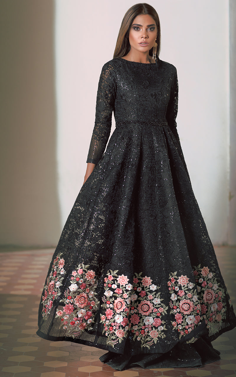 Black Embroidered Organza Maxi Dress (1-Pc) - Image 1