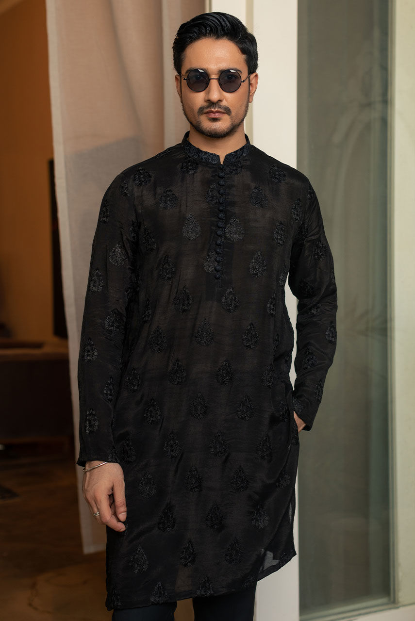 Black Hand Embroidered Cotton Raw Silk Kurta (2-Piece) - Image 2